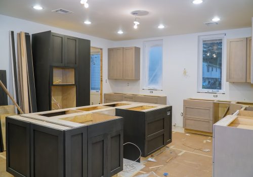 Kitchen cabinets installation Blind corner cabinet, island drawers and counter cabinets installed
